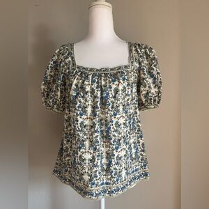 Max Studio London Blue Floral Block Print Peasant Top XS Puff Sleeve